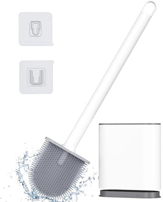 Spazzola toilet in silicone, con supporto, spazzola toilet veloce asciugatura, installazione a parete, supporto per spazzola toilet senza foratura, set di spazzole toilet per la stanza da bagno, bianco