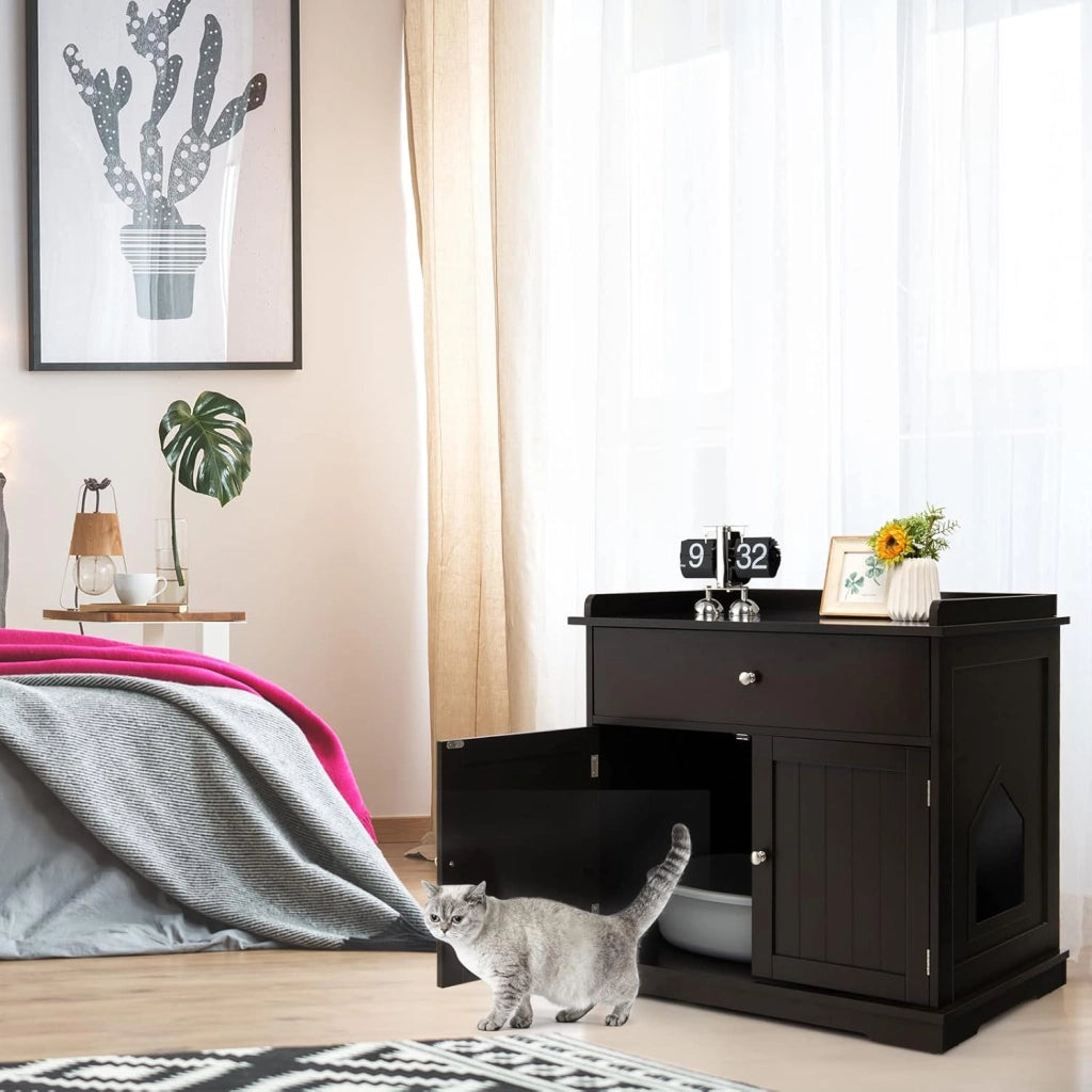 Mobile per Lettiera Gatti in Legno, con Portaoggetti, 2 Ante, Cassetto e Ingresso Laterale, Mobiletto Multiuso per Ingresso e Soggiorno, 76 x 53 x 74 cm, Carico Massimo 30 kg (Caffè)