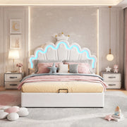 Letto imbottito 140x200 cm con contenitore e LED; testiera a nuvola con corona; PU bianco