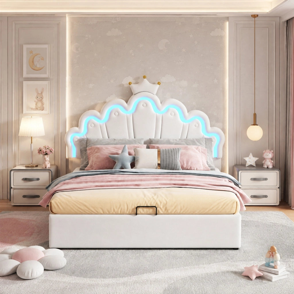 Letto imbottito 140x200 cm con contenitore e LED; testiera a nuvola con corona; PU bianco