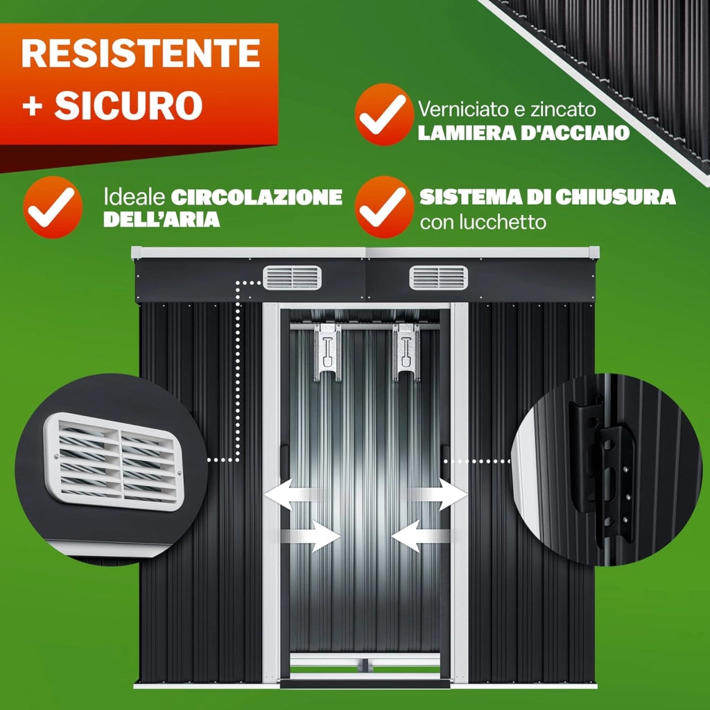 ® Casetta da Giardino Capanno Attrezzi Giardinaggio in Metallo 2m² con Fondamenta 200x125x180cm Porta Scorrevole Casetta per Attrezzi verde Capanna da Esterno 4m³