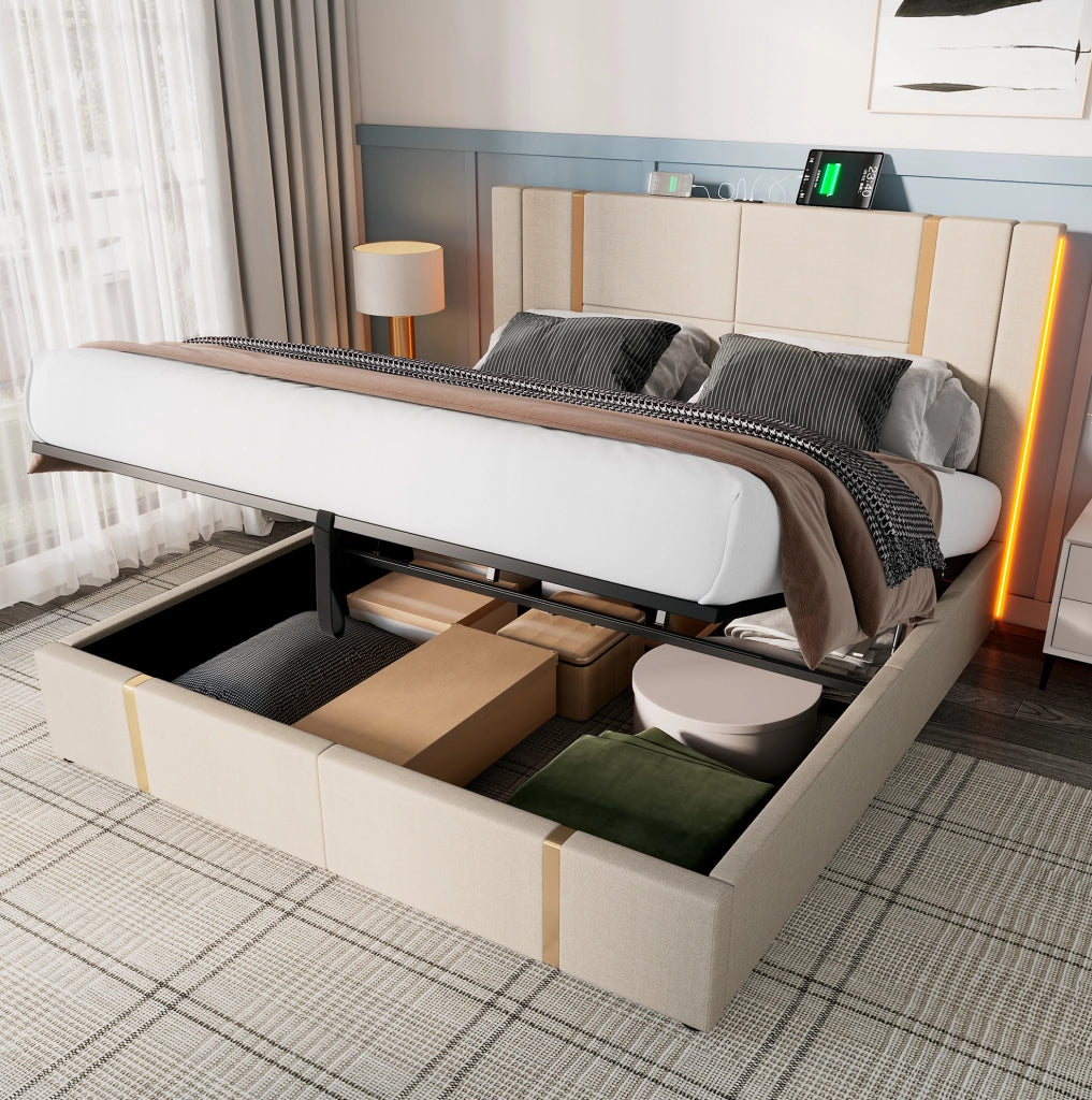 Letto imbottito matrimoniale con contenitore; LED RGB; USB e Type-C; 180x200 cm; beige