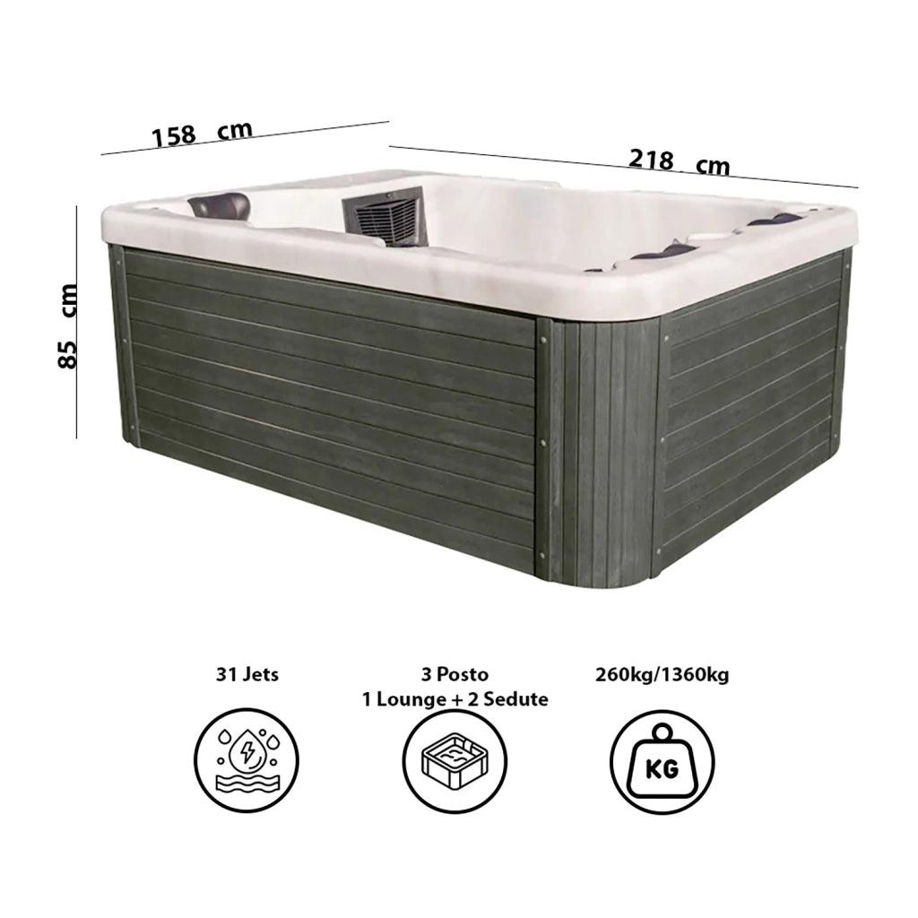 Vasca Monoblocco Drusilla per 3 Persone 218x158x85 cm in Acrilico Color Legno