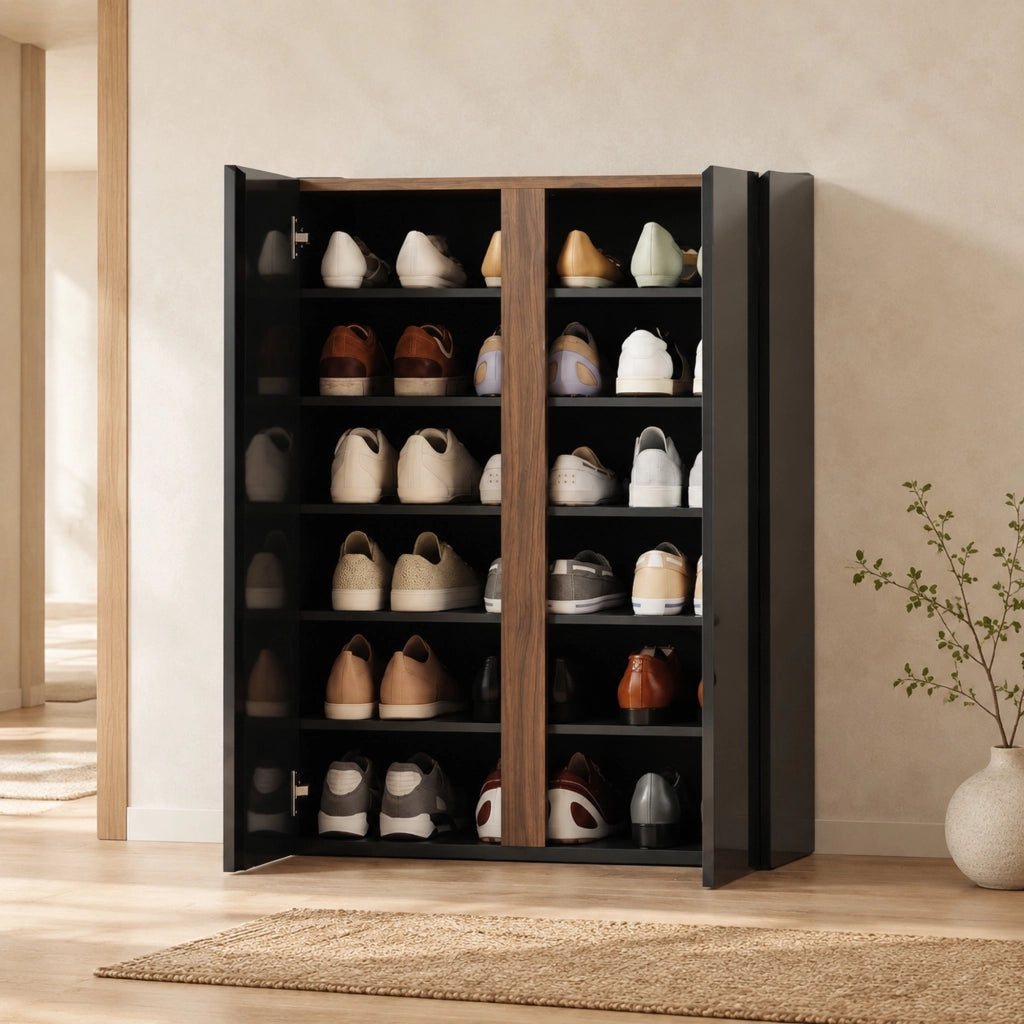 Mobile portascarpe a 6 livelli con ante soft-close senza maniglie; nero