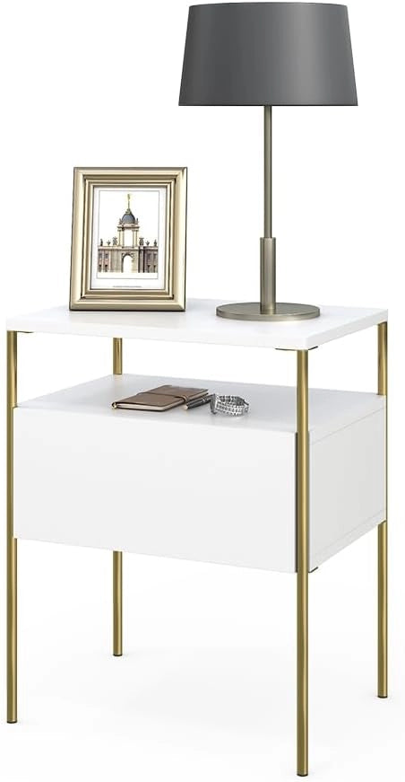 Comodino camera da letto Mira, Bianco/Oro, 40 x 50 cm, utilizzabile per riporre oggetti quotidiani e come tavolino d'appoggio