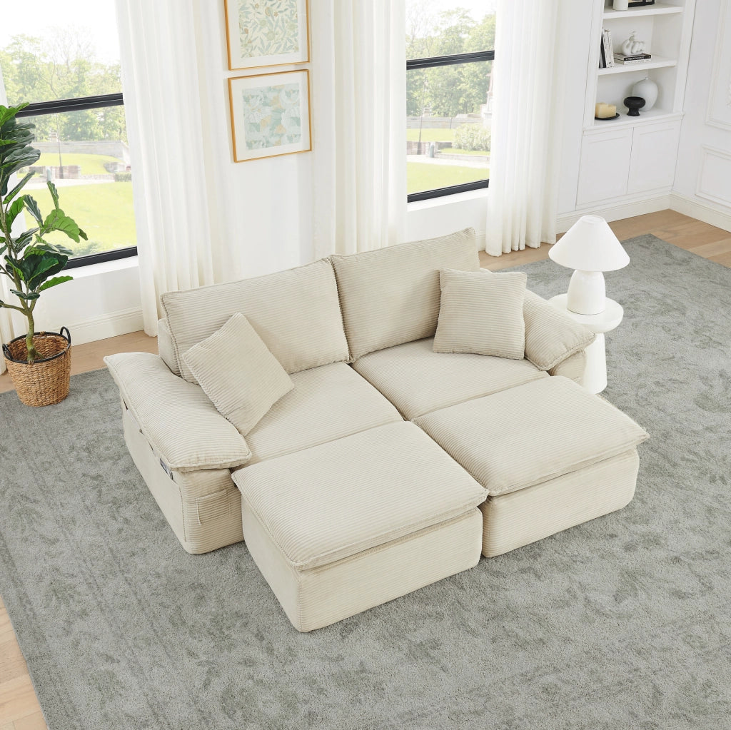 Divano da pavimento 2 posti beige in tessuto; con pouf mobile