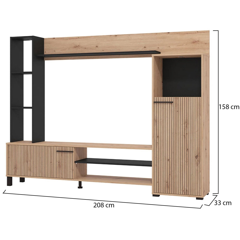 Mobile Soggiorno Rovato, Parete Attrezzata 8 Ripiani, 207.5x33x157.5h cm Marrone Rovere Nodi