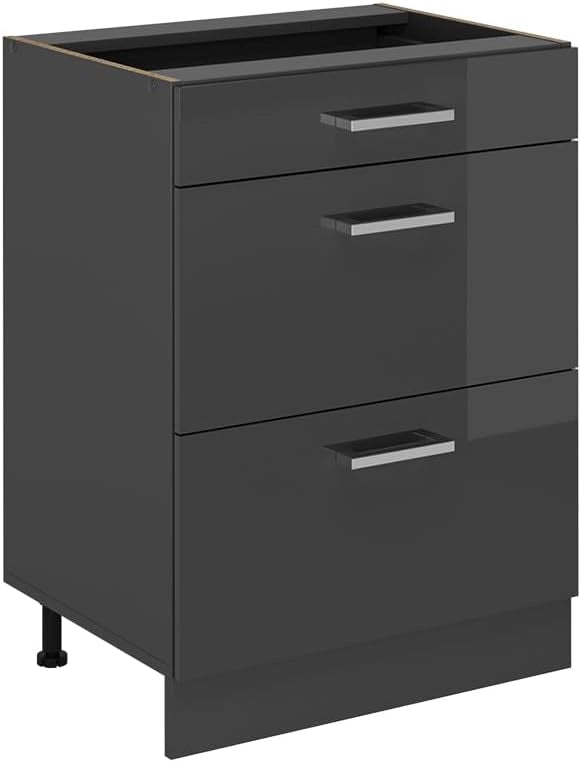 Mobiletto base per cucina R-Line, Antracite lucido, 60 cm con cassetti, senza piano di lavoro, per la libera combinazione all'interno di sistemi cucina modulari