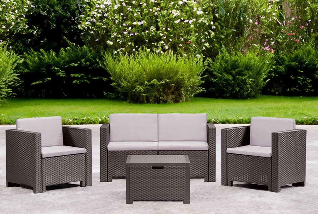 Set salotto da esterno Camisano, Salottino outdoor, Set da balcone o giardino, Composizione soggiorno per esterni, Made in Italy, Marrone