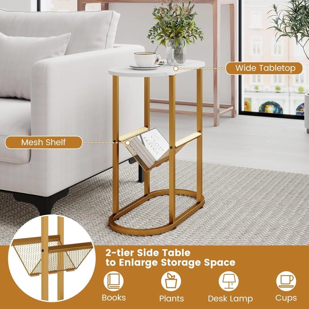 Tavolino con 2 ripiani, comodino piccolo con ripiano, struttura in metallo, 60 x 28,5 x 64 cm, tavolino laterale compatto per soggiorno e camera da letto (bianco)