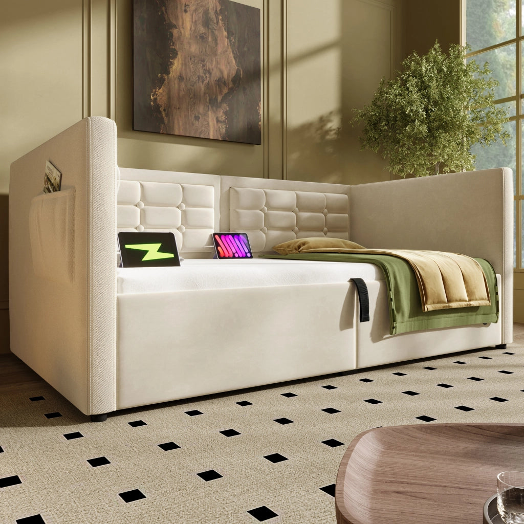 Divano letto imbottito 90x200 cm in velluto beige con contenitore idraulico e porta USB/Type-C