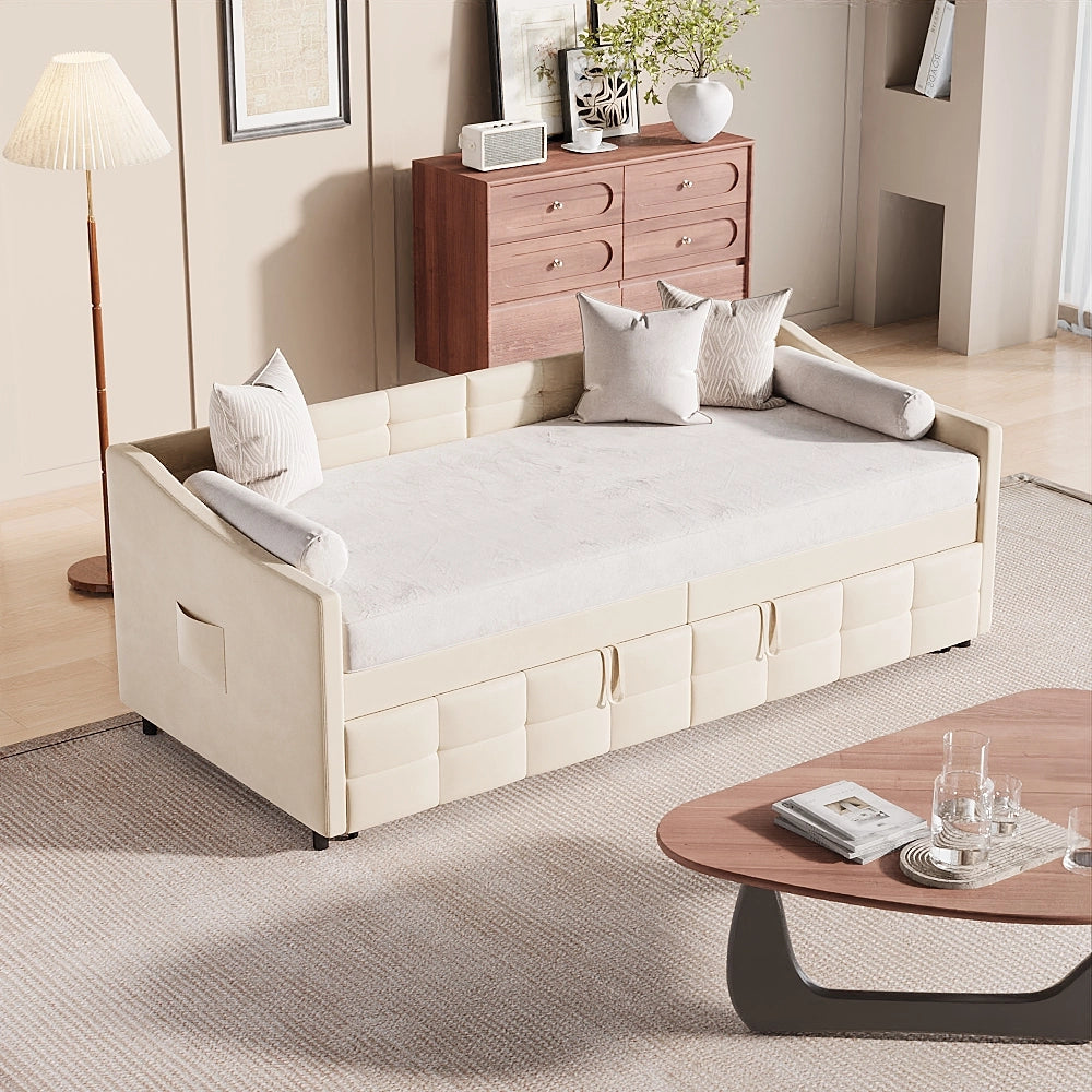 Divano letto matrimoniale 90x200cm;Estensibile in orizzontale;Non sollevabile;Velluto;Beige