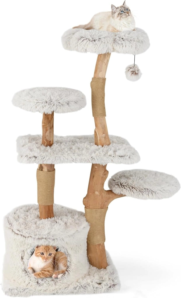 Tiragraffi per Gatto Alto 135 cm, Albero Tiragraffi in Legno di Pero Naturale con Grotta e 6 Piani, Torre per Gatti Imbottito in Peluche con Corde Juta e Pompon, Bianco