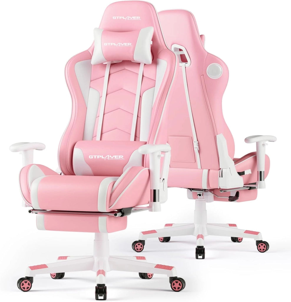 Sedia da gioco con poggiapiedi, altoparlante Bluetooth, sedia da gioco, ergonomica, sedia da ufficio, sedia da scrivania con barrières Réglables, 200 kg, rosa