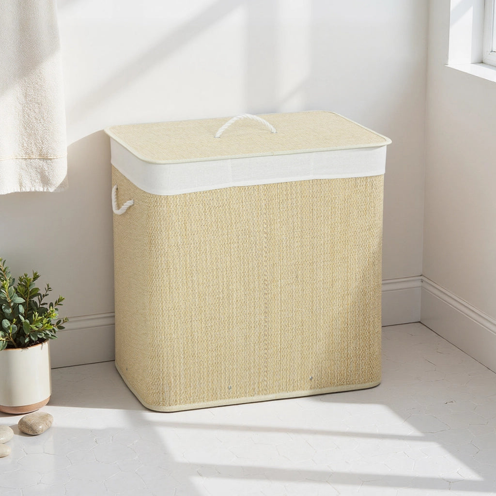 Cestino per Biancheria in Bamb¨´ con 3 Scomparti ¨C Zephmum ¨C 60x40x60 cm Crema