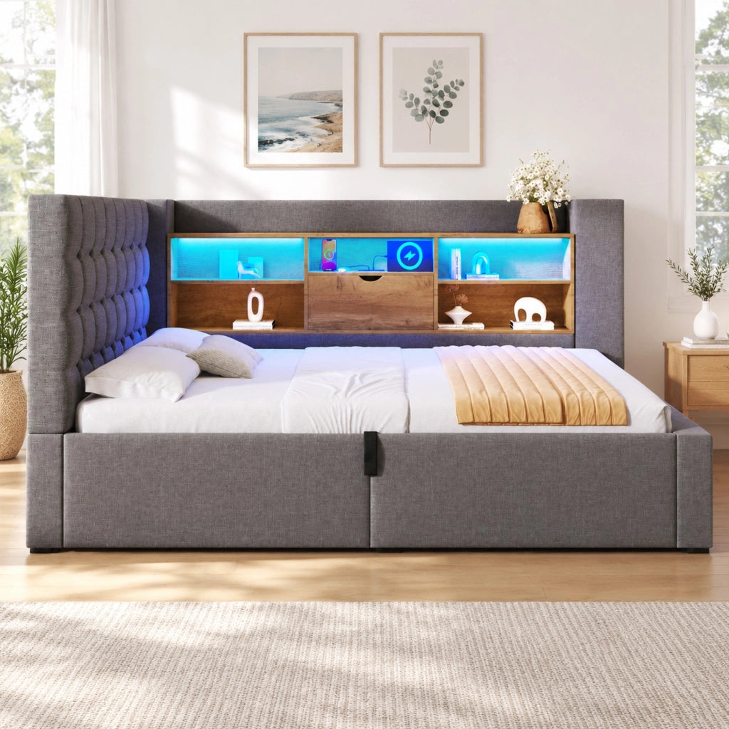 Letto singolo imbottito 90x190 cm grigio con LED, ricarica USB-C e vano idraulico
