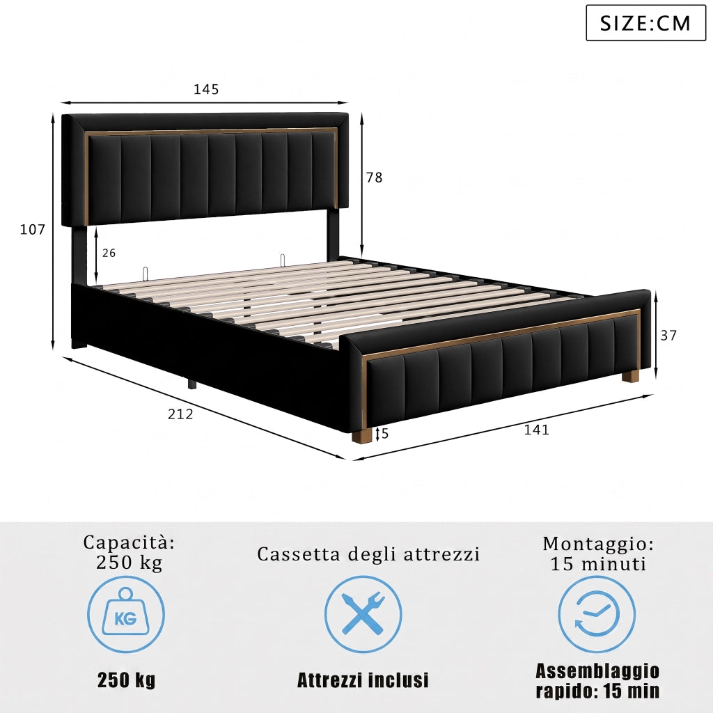 Letto matrimoniale con contenitore idraulico, velluto nero, testiera imbottita con finiture dorate, struttura robusta, dimensioni 160x200 cm, max portata 250 kg