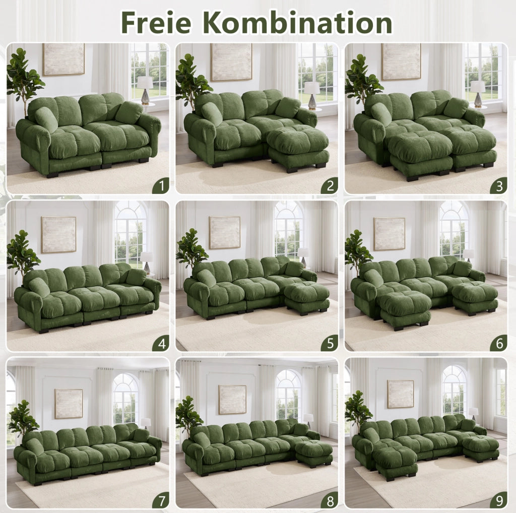 Divano modulare componibile in ciniglia; 190x149x90 cm; verde