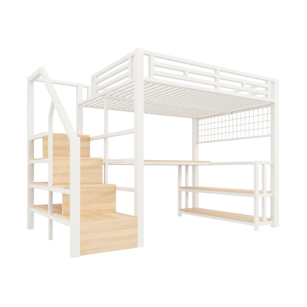 Letto a castello con scrivania - Zephmum- 140x200 cm, struttura in ferro, scaffale, LED, 2 USB, Type-C, bianco