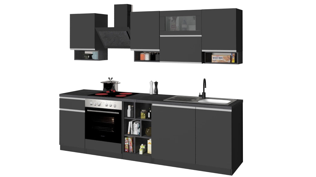Cucina Lineare SOLE 256 cm - Antracite/Report e Legno Chiaro, Made in Italy