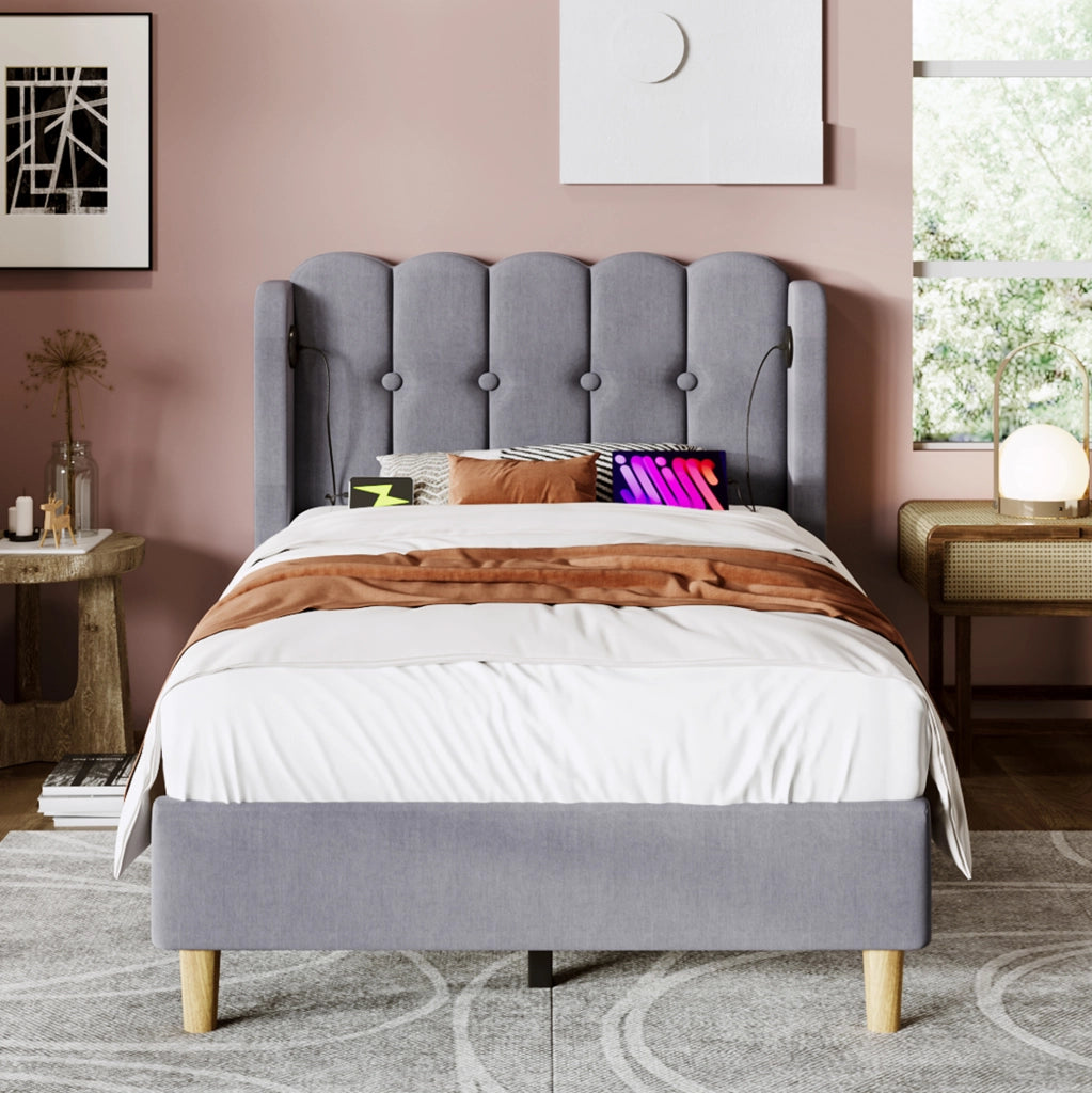 Letto singolo 90x200 in tessuto grigio con USB-C e rete a doghe