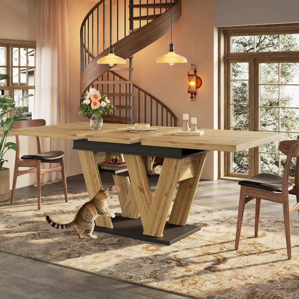Tavolo da pranzo allungabile con vano contenitore, per cucina e soggiorno, in MDF, nero naturale, 119 × 80 cm