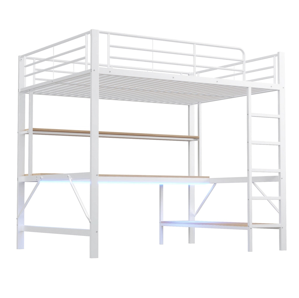 Letto a soppalco 140x200 cm con LED; scala e scrivania in metallo e MDF bianco