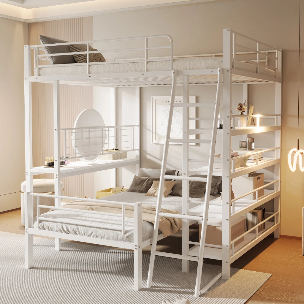 Letto a castello 140×200 cm e 90×200 cm con ripiani; separabile; senza materasso; metallo; bianco