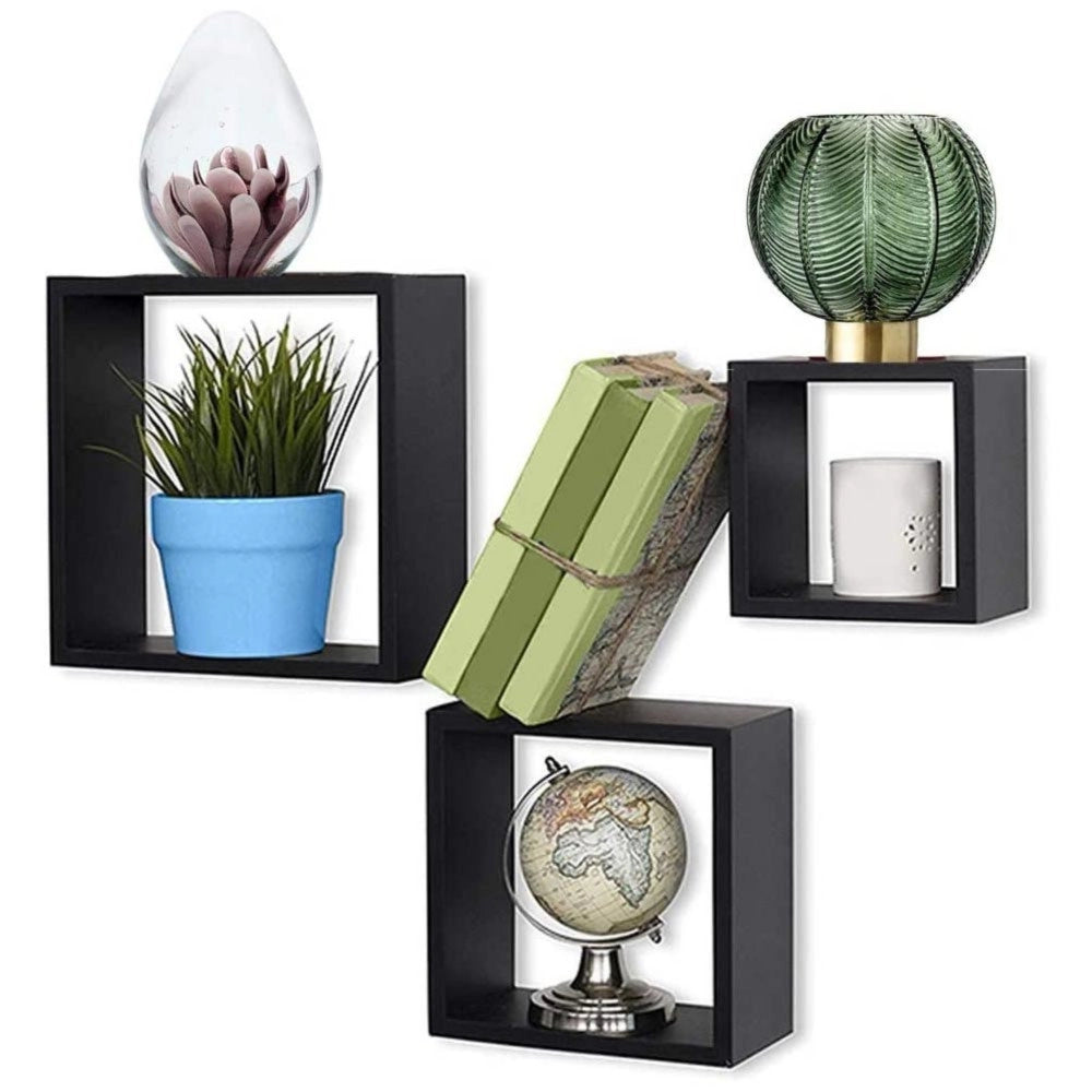 Trade Shop - Set 3 Mensole Da Parete Moderne Design Cubo Mensola Scaffale In Legno Mdf Nero -