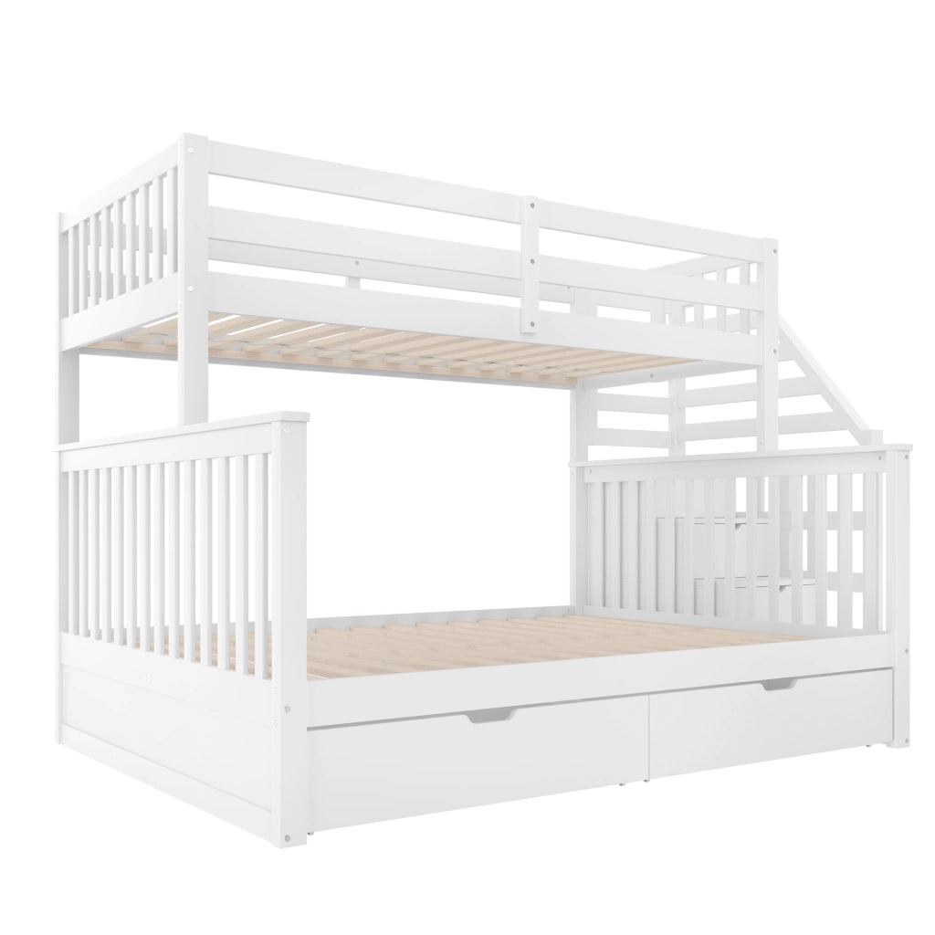 OKWISH Letto a Castello 90×200 cm e 140×200 cm, Letto 3 Posti con 2 Cassetti, Spazio Contenitore e Scala, senza Materasso, Bianco