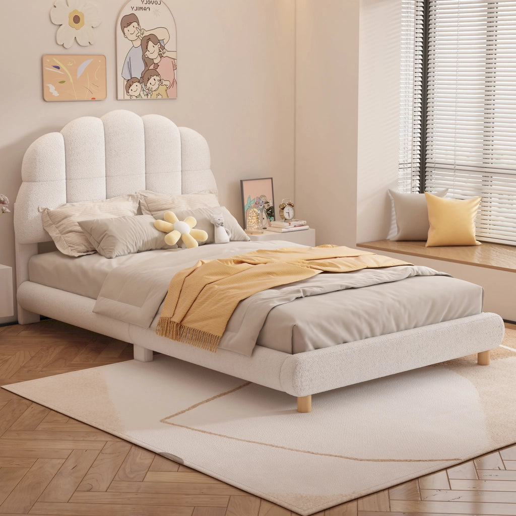 OKWISH Letto Bambino 90×200 cm, Letto Singolo con Testiera a Fiore in Peluche e Imbottitura Morbida, senza Materasso, Bianco