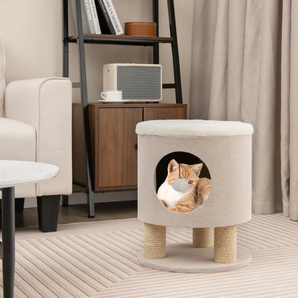 Sgabello nicchia per gatti con pali tiragraffi e pallina di peluche, Casetta per animali domestici multiuso Beige-Lettini e divanetti