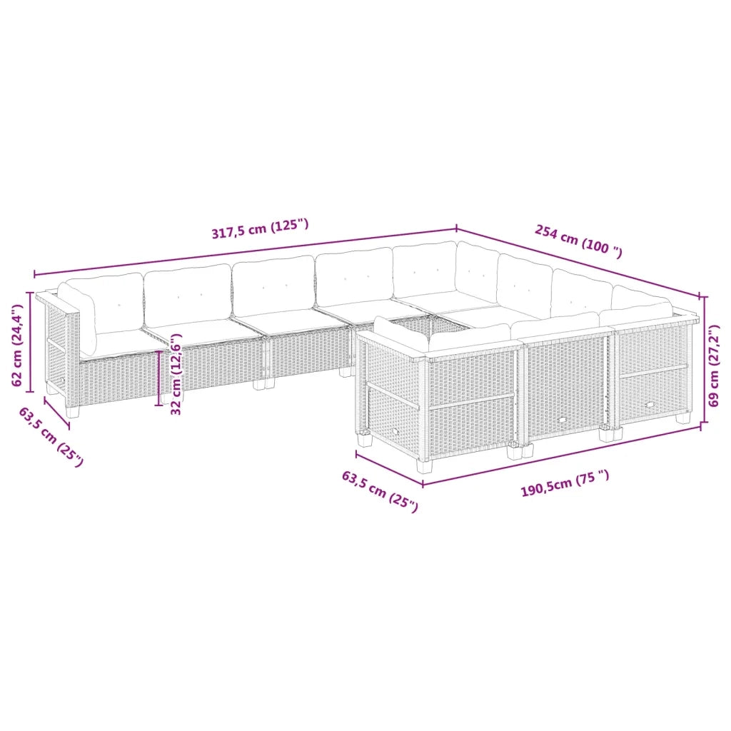 Set Divani da Giardino 10pz con Cuscini in Polyrattan Nero