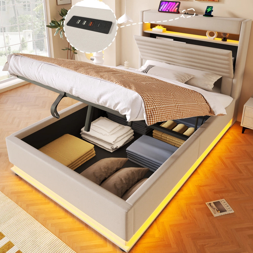 Letto imbottito 90x200 cm con contenitore idraulico; LED e porte USB/Type-C; beige