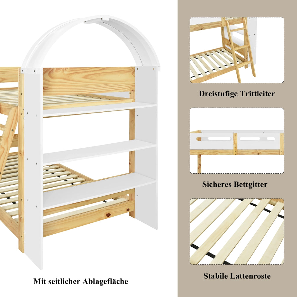 Letto a castello con scaffale a tre ripiani in legno massello e mdf bianco naturale 90x200 cm
