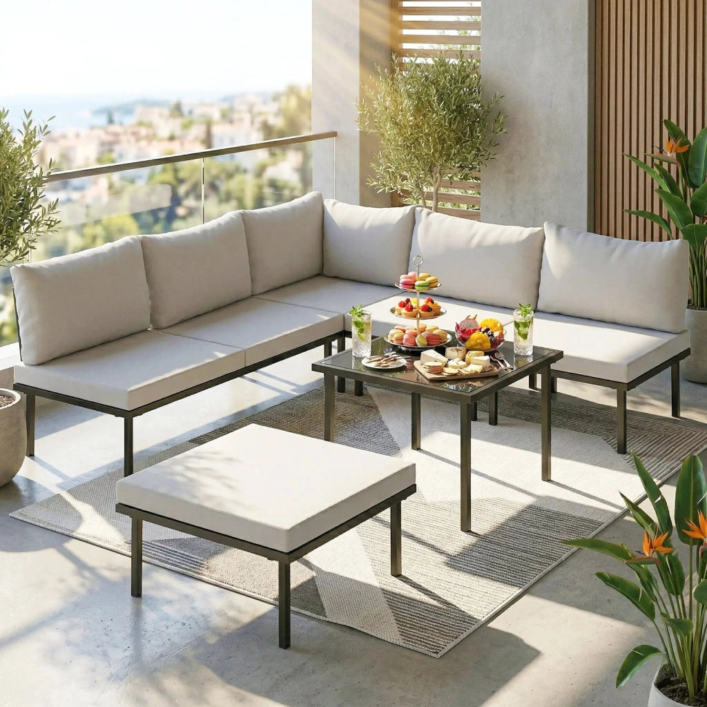 Set 6 Pezzi Mobili da Giardino Divano Angolare Poltrone con Cuscini e Tavolino in Metallo Grigio Chiaro