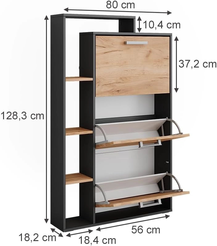 Scarpiera da ingresso Orlando, Quercia dorata/antracite, 80 x 128.3 cm con 3 scomparti pieghevoli