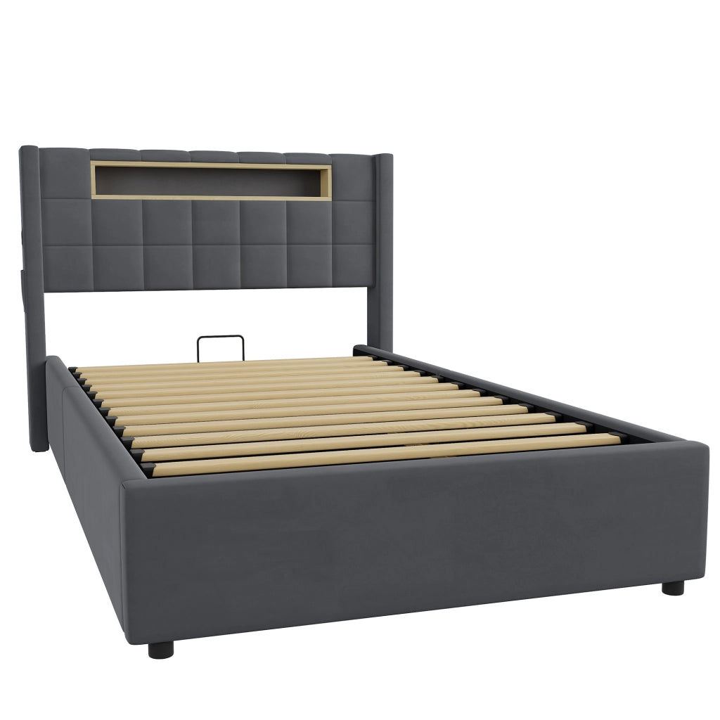 Letto singolo imbottito 90 x 200 cm in velluto grigio con contenitore idraulico, LED e porte USB/Type-C