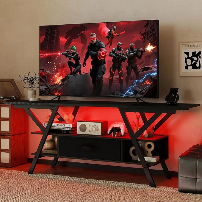 Mobile Porta TV per Schermo fino a 65'', Tavolo per TV con Luci LED Regolabili, Stazione di Ricarica e Telecomando, Consolle Media a 3 Ripiani con Cassetto per Soggiorno, 140x40x54cm (Nero)