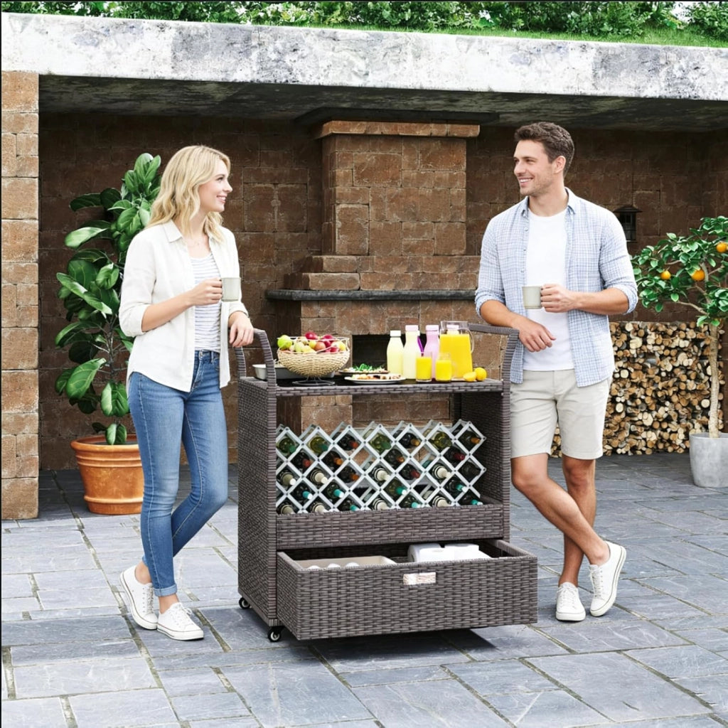 Carrello Bar da Esterno con Ruote, Carrello di Servizio in Rattan con Ripiano in Vetro Temperato, Scaffale di Stoccaggio e Cassetto Rimovibile per Veranda, Giardino e Bordo Piscina