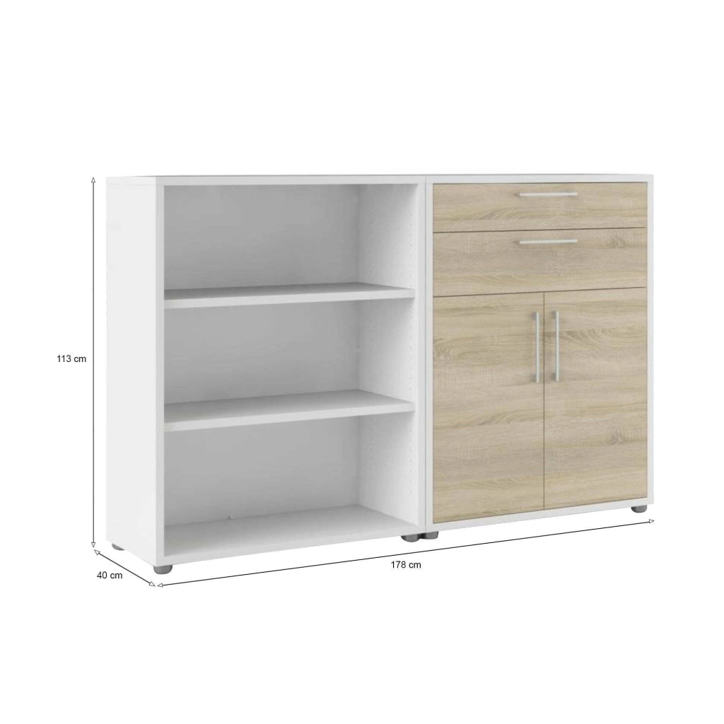 Credenza Albinea, Buffet da soggiorno, Madia da salotto, Dispensa da cucina, 178x40 h113 cm, Bianco e Quercia