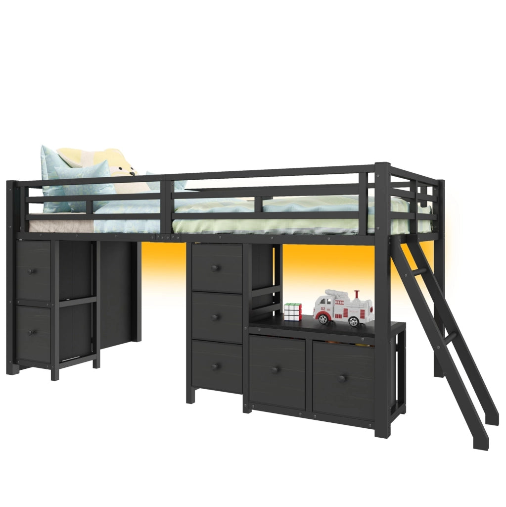 Letto a soppalco basso 208x98x104.5 cm con sponde di sicurezza; LED; metallo; nero