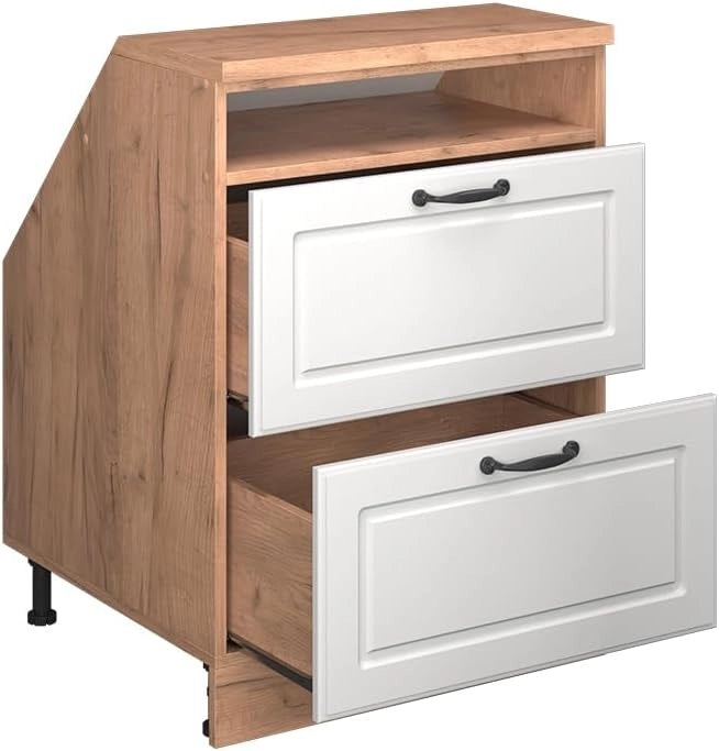 Mobile sottotetto Rion, Bianco casa di campagna, 60 x 81.6 cm con 2 cassetti, carcassa 60 cm profondità, adatto per il salvaspazio sotto tetti spioventi
