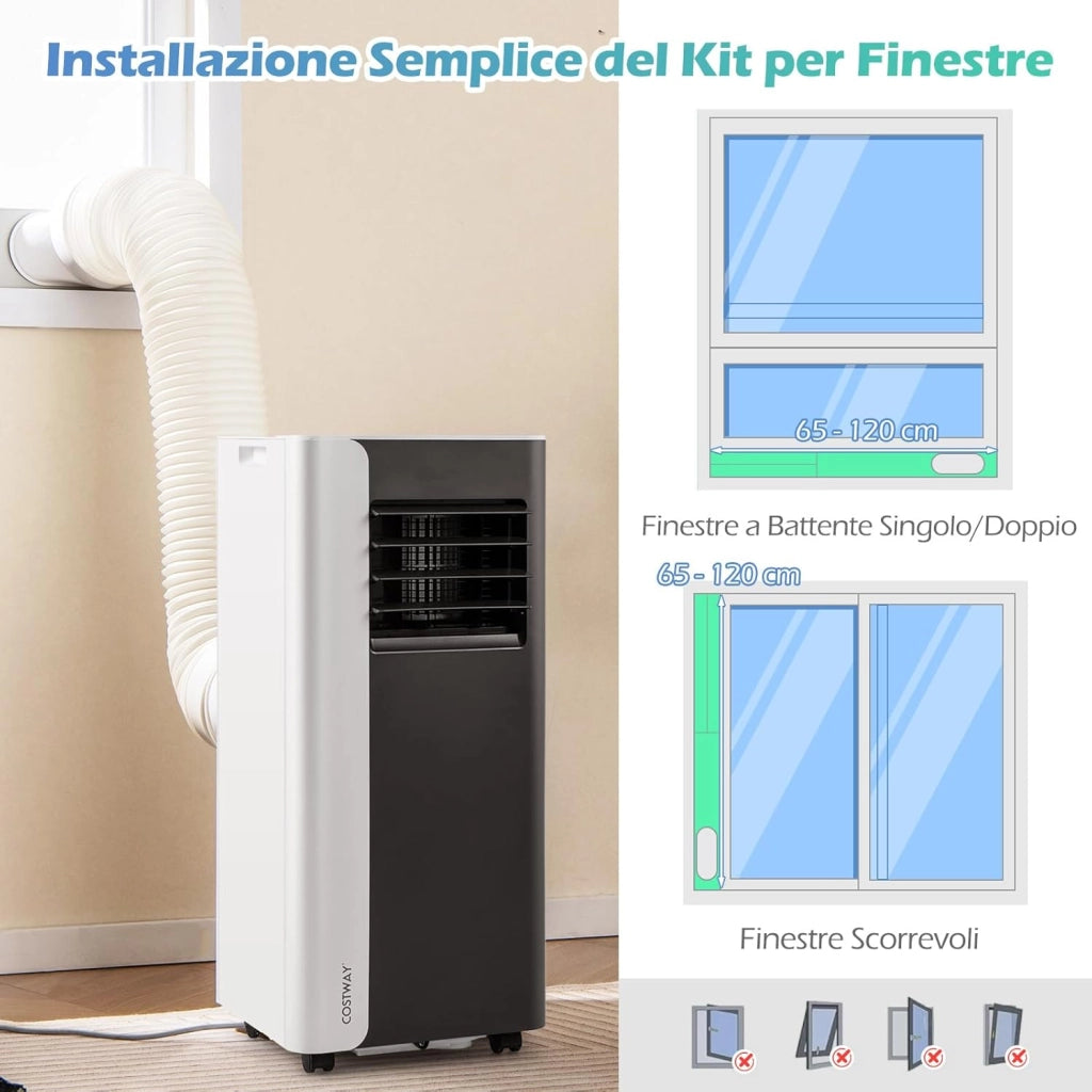 Condizionatore Portatile, 7000BTU/2,0 kW, 4 in 1 Con Raffreddamento, Ventola, Deumidificazione e Modalità Notturna, 24H Timer, R290, per Stanze Fino a 28㎡