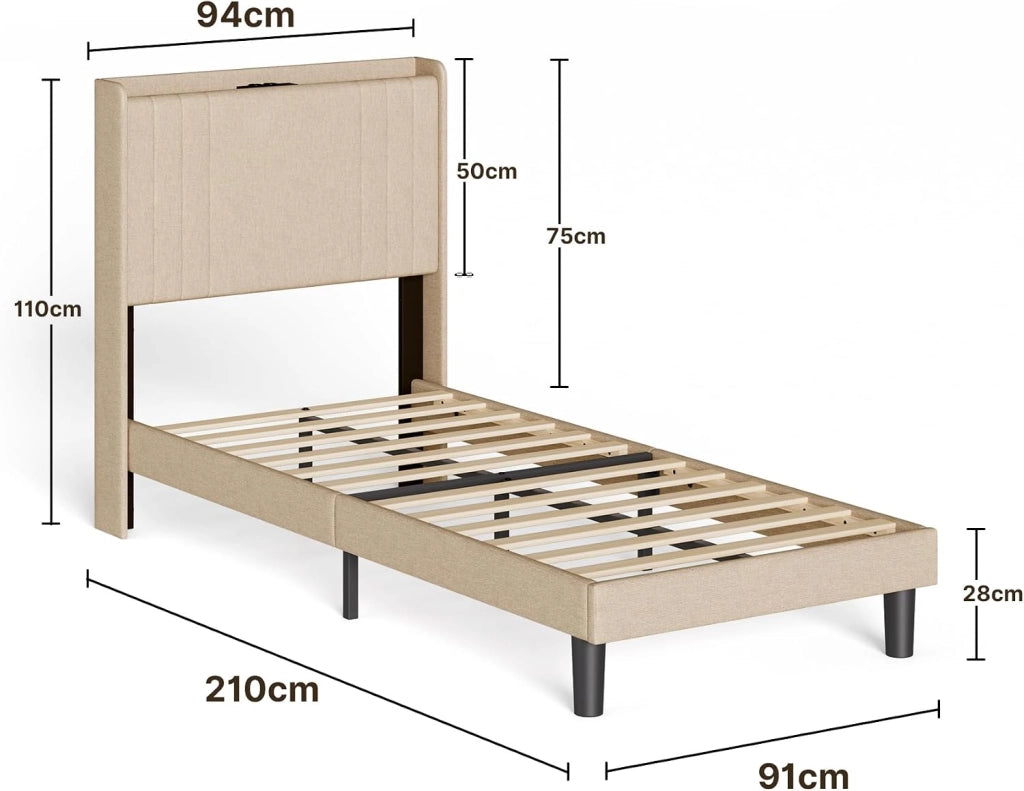 Letto singolo imbottito,PiattaformaStruttura letto,90 x 200CM,con luce LED(2 Prese CA 2 Porte USB),con Testiera,Per le camere degli ospiti e le camere da letto,Beige