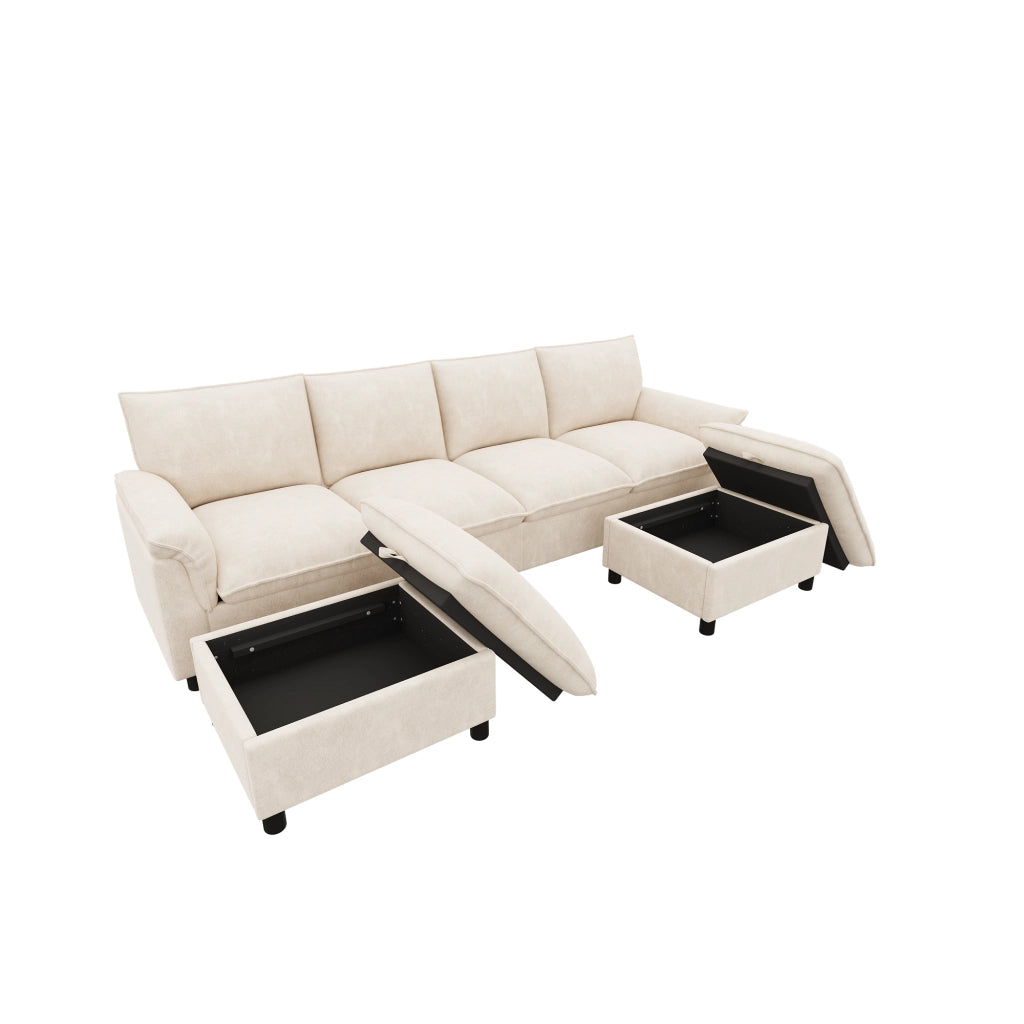 Divano angolare modulare con 2 pouf contenitore e schienale alto in chenille beige