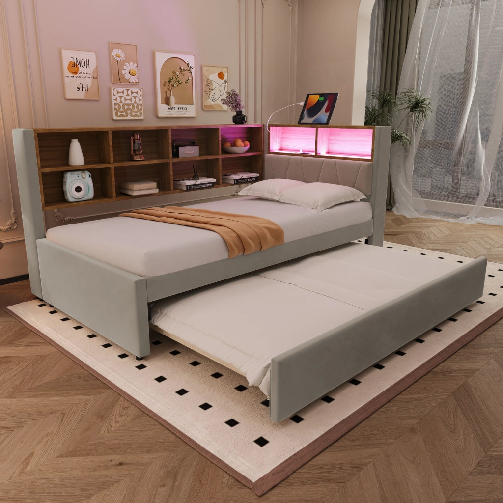 LETTO Divano letto estraibile 90x200 cm con LED e prese Flanella grigio chiaro