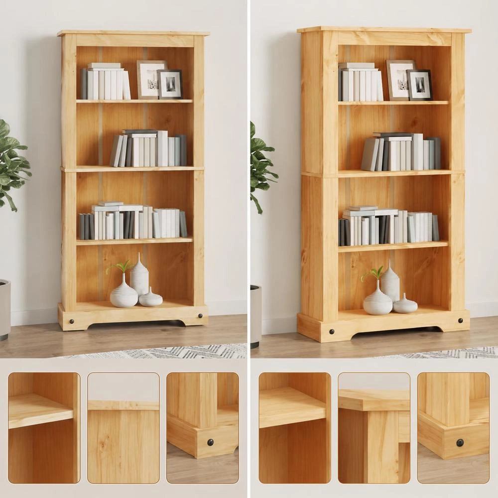 Bookcase With 4 Compartments, Mexican Style, Pine Wood, 80x29x150 Cm