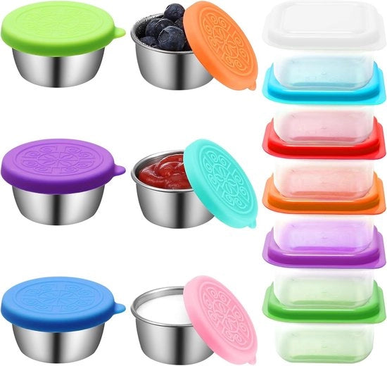 Set di 6 contenitori per insalate con coperchio in acciaio inox + 6 piccoli contenitori di 100 ml in plastica + contenitori per erbe + contenitore per salse