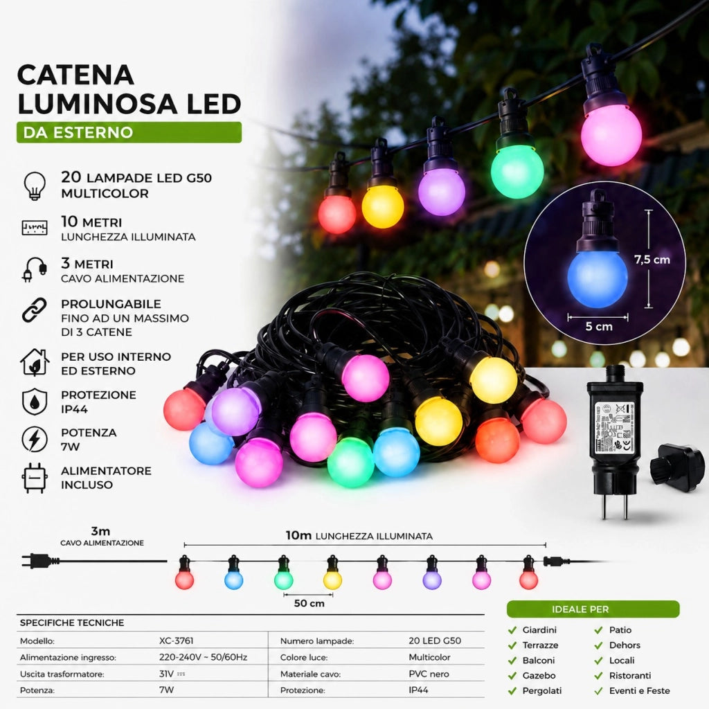 Catena Luminosa LED da Esterno 20 Lampade G50 Luce Multicolore 10 m IP44 Prolungabile Alimentatore Incluso per Giardino Gazebo Terrazza
